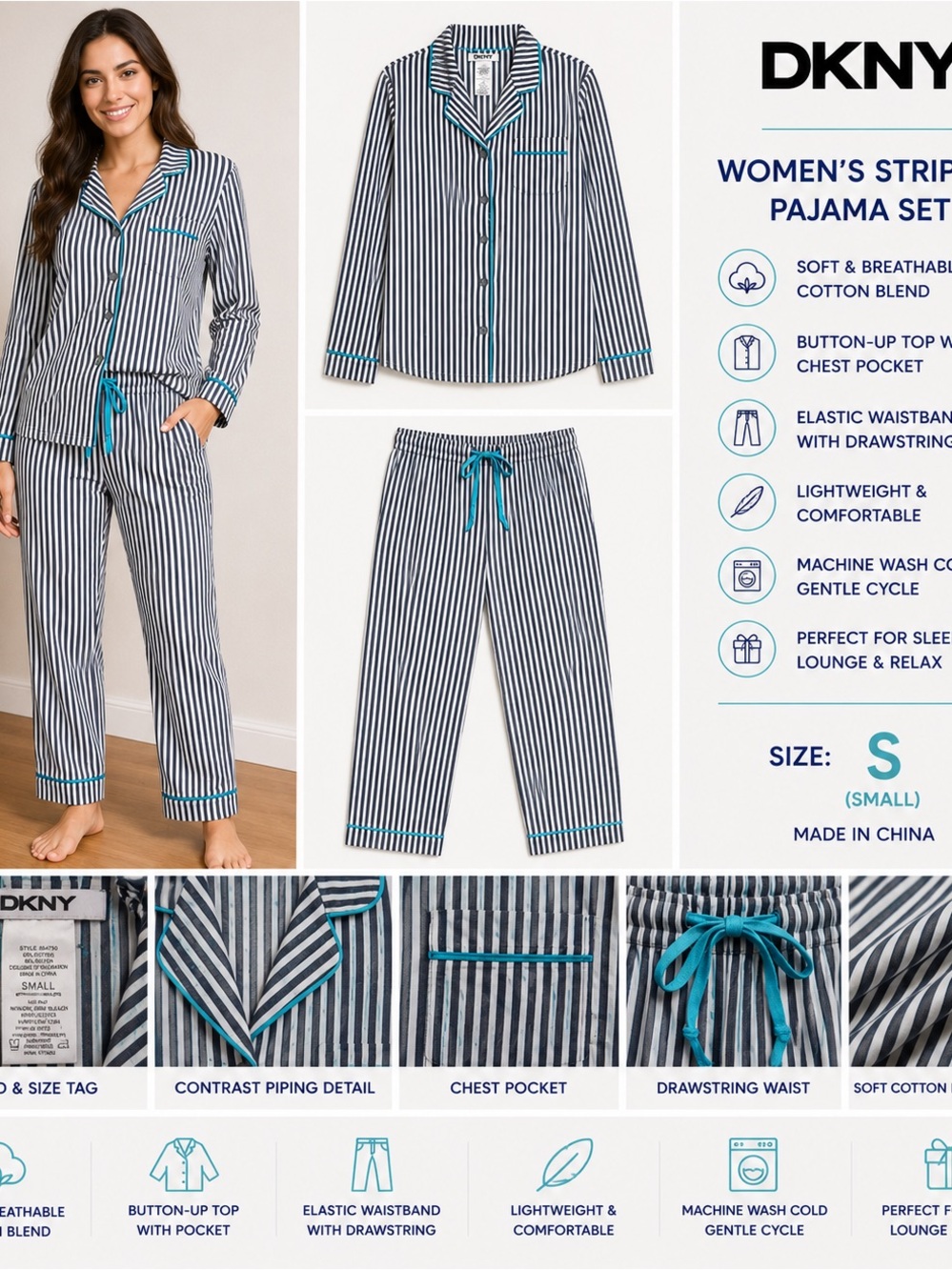 DKNY Women's Striped Cotton Pajama Set Small